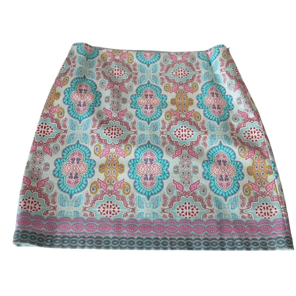 Talbots Pencil Skirt Womens 10 Blue Pink Paisley Medallion Cotton Blend Lined